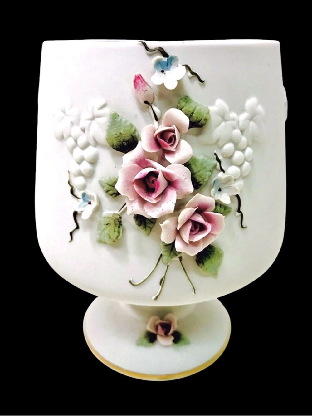 Lefton Vintage 1940's Porcelain Bisque Floral Gold Trim Hand Painted Vase #1046
